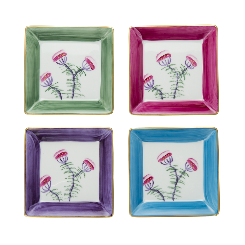4 Limoges Porcelain medium square dishes mixed colours blossom design
