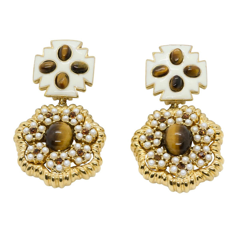 Lady Elena Statement Earrings - Ivory & Tigers Eye - Sold Out