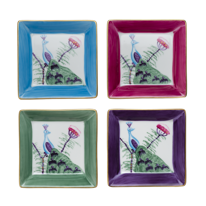 Peacock Medium Square Dish - Set of 4 - Mixed Colours