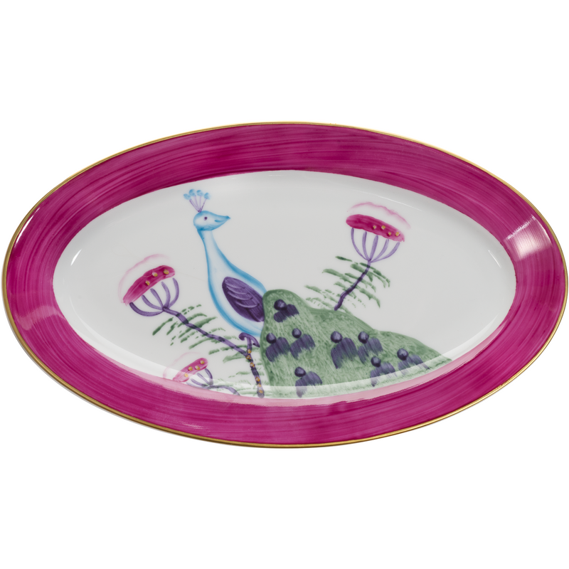 Peacock Small Oval Canape Plate -  Fuchsia Pink